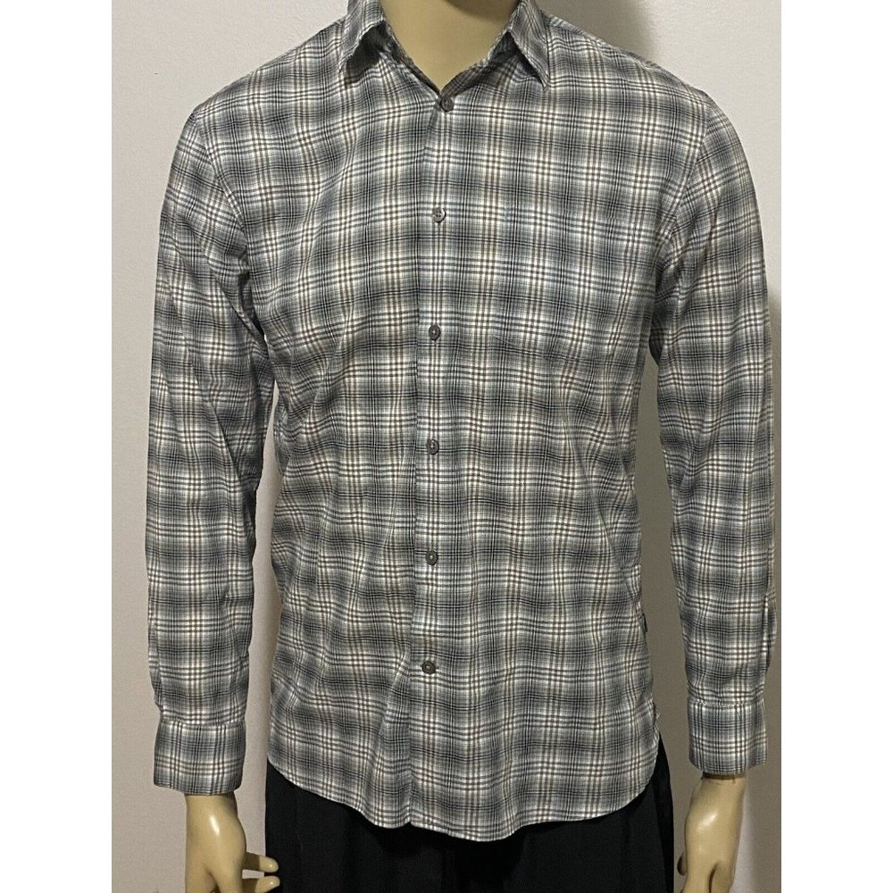 John Varvatos Men's Long Sleeve Plaid BF Small Shirt Sage Green Brown Black